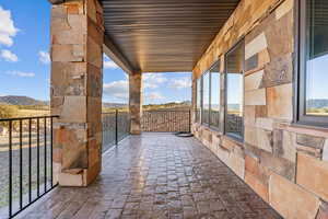 View of patio featuring a mountain view