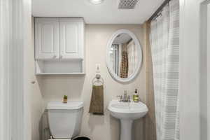 Full bathroom featuring toilet and a shower with curtain