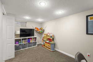 Playroom featuring a textured ceiling and carpet floors