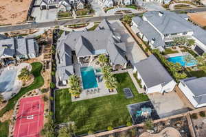Aerial view of residential area with a pool