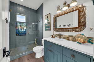 Full bath with vanity, dark wood-style floors, and a stall shower