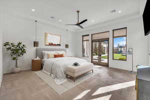Bedroom featuring parquet flooring, access to outside, a ceiling fan, french doors, and recessed lighting