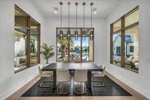 Dining room with plenty of natural light and dark wood-type flooring