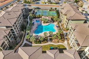 Aerial view of residential area with a pool