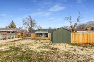 Back of house with a fenced backyard and a patio