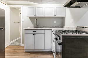 Kitchen featuring stainless steel appliances, light wood-style flooring, and white cabinetry