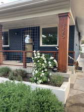 Doorway to property featuring brick siding and a porch