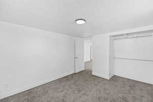 Unfurnished bedroom featuring carpet, a textured ceiling, and a closet
