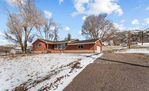 Ranch-style home featuring a garage, brick siding, and concrete driveway