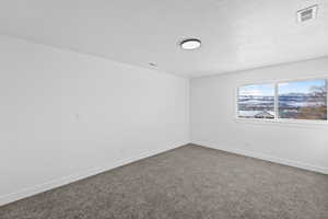 Empty room with carpet and a textured ceiling