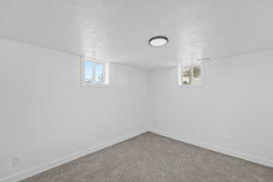 Below grade area with a textured ceiling and carpet floors