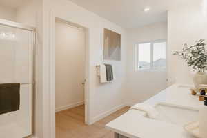 Bathroom featuring double vanity, light wood-style floors, a stall shower, and recessed lighting