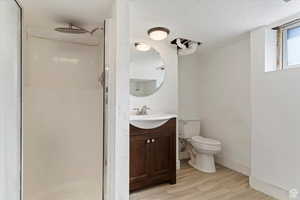 Bathroom featuring vanity, a stall shower, and light wood finished floors