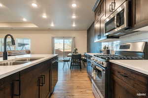 Kitchen with dark wood finish cabinets, stainless steel appliances, light wood finished floors, and recessed lighting