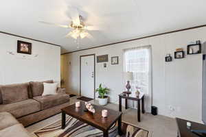 Living area with ceiling fan, carpet floors, and ornamental molding
