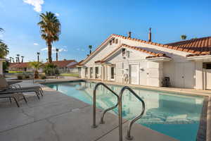 Awesome community pool and sun soaking patios