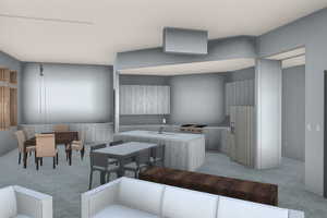 Laundry room with light carpet and a sink