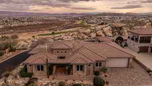 Aerial view at dusk of a mountain view