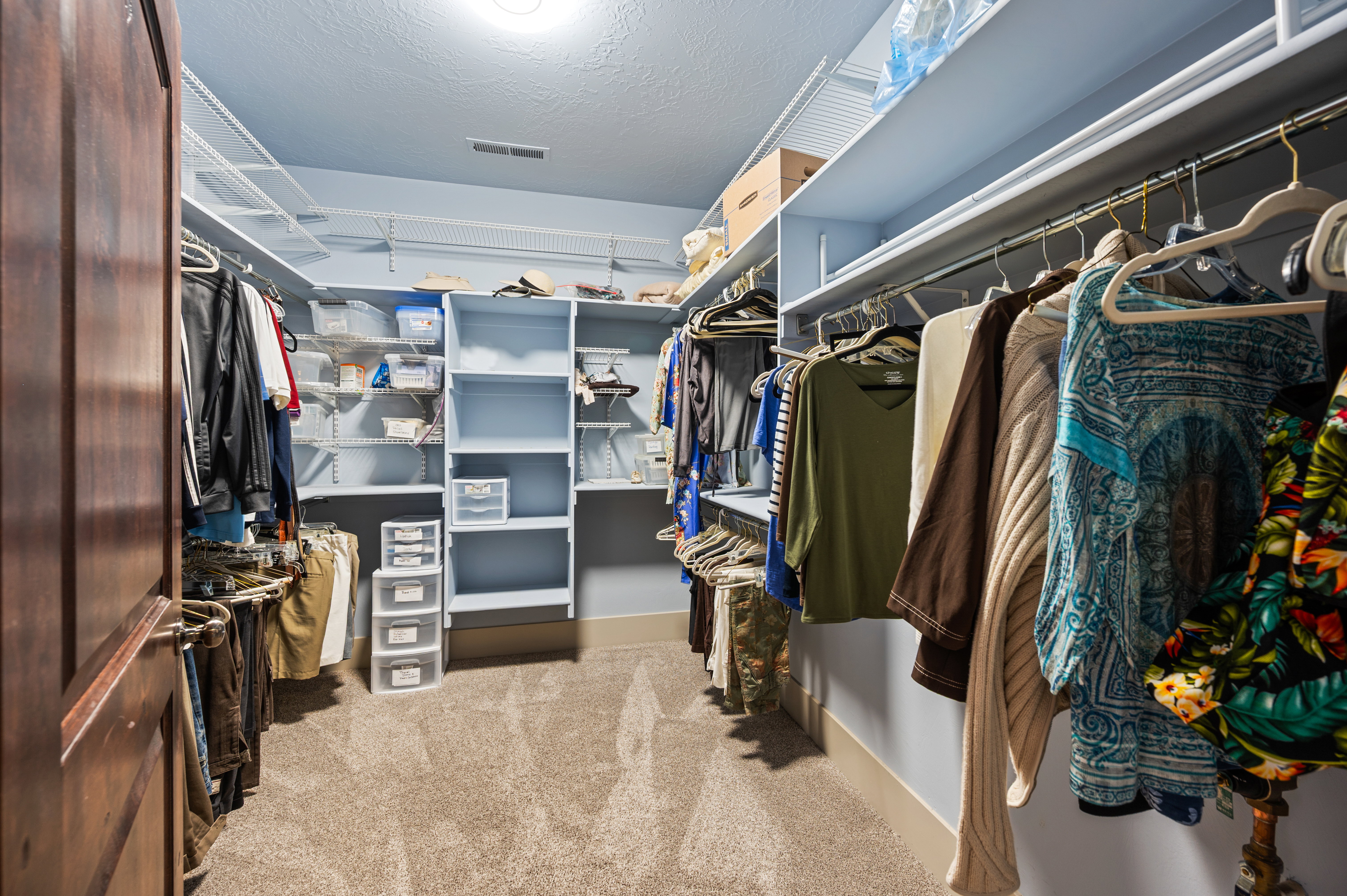 Walk in closet featuring light carpet