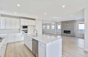 Kitchen featuring white cabinets, quartz countertops stainless steel appliances, light wood finished floors, a fireplace, and recessed lighting
