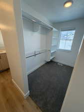 Walk in closet featuring dark wood finished floors
