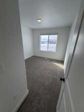 Unfurnished room featuring carpet flooring and a textured ceiling