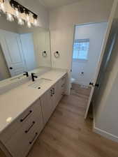 Full bath featuring vanity and light wood-type flooring