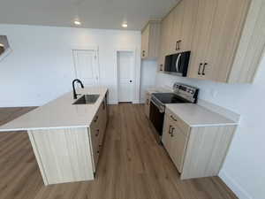 Kitchen featuring stainless steel appliances, light wood finish cabinetry, light wood-style flooring, an island with sink, and recessed lighting