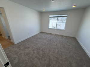 Empty room featuring carpet flooring and a textured ceiling
