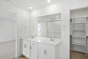Bathroom with double vanity, light colored carpet, a shower stall, and a spacious closet