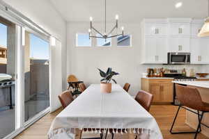 Dining space with light wood-style floors and suspended lighting