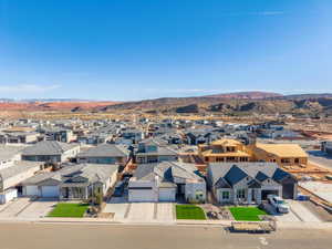 Aerial view of residential area with mountains