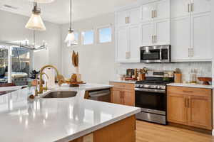 Dual tone kitchen with stainless steel appliances, tasteful backsplash, hanging light fixtures, light wood-style floors, and two tone color scheme