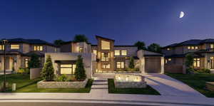View of front of house featuring stucco siding, concrete driveway, a yard, and an attached garage