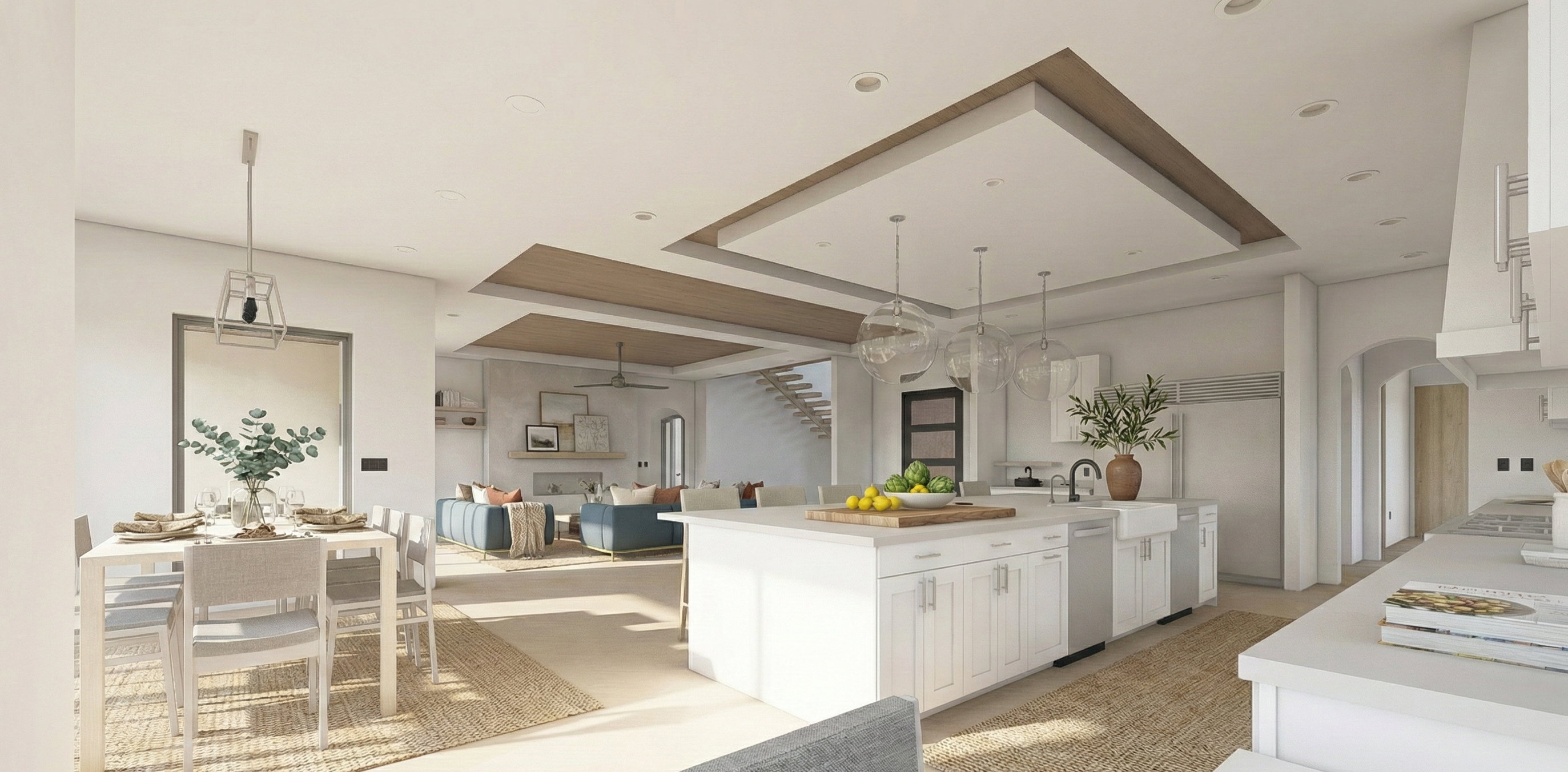 Kitchen featuring white cabinetry, finished concrete floors, a kitchen island with sink, decorative light fixtures, and open floor plan