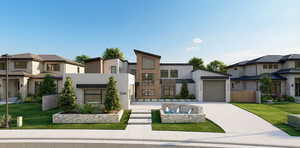 View of front of house with stucco siding, a front lawn, driveway, a garage, and a residential view