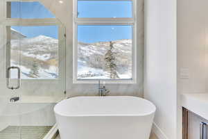 Bathroom with a mountain view, a soaking tub, a stall shower, and vanity