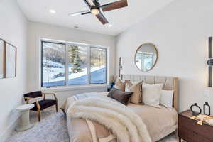 Bedroom featuring a ceiling fan and recessed lighting