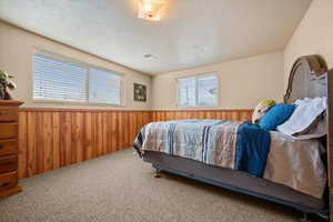 Carpeted bedroom with wooden walls and a wainscoted wall