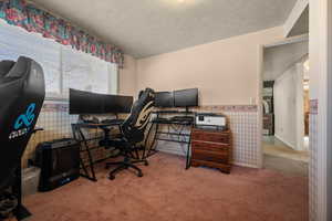 Home office featuring wallpapered walls, light carpet, wainscoting, and a textured ceiling
