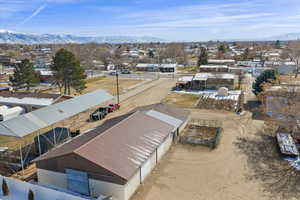 Aerial view of residential area with mountains