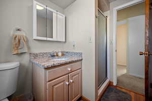 Bathroom with a shower stall, vanity, and light wood-type flooring