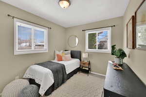 2nd main floor Bedroom with new carpet and large windows