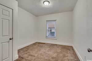 Unfurnished room featuring light colored carpet and a textured ceiling