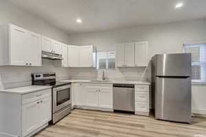 Kitchen featuring stainless steel appliances, white cabinets, light wood finished floors, and recessed lighting