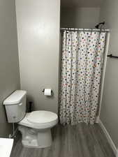 Bathroom with dark wood finished floors and curtained shower