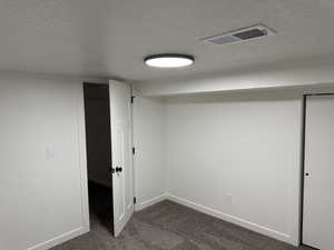 Finished below grade area with a textured ceiling and dark colored carpet