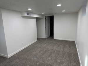 Finished basement featuring carpet flooring, recessed lighting, and a textured ceiling