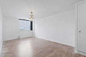 Unfurnished room featuring hanging lights and light wood finished floors
