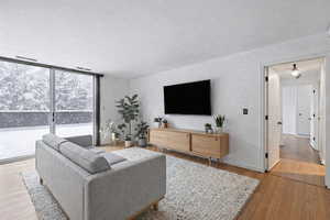 Living room with light wood-style floors and expansive windows
